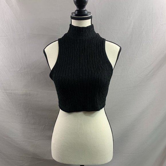Black Textured High Neck Crop Tank Top - Picture 1 of 3